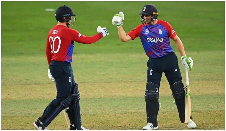 England's Jos Buttler (right) and Jason Roy during their ICC T20 World Cup match against Australia in Dubai | via Twitter