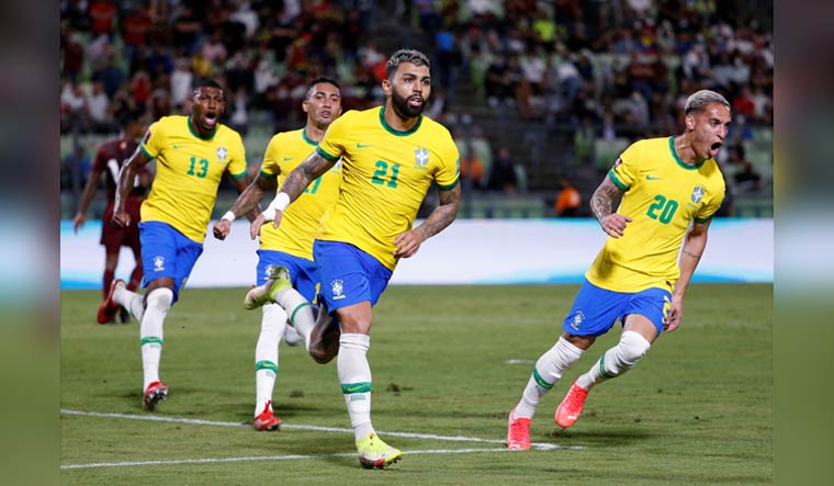 Gabriel Barbosa (No 21) celebrates with teammates after scoring Brazil's second goal against Venezuela | Reuters