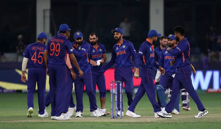 Team India celebrate a wicket against Scotland in the T20 World Cup Super 12 match | AP