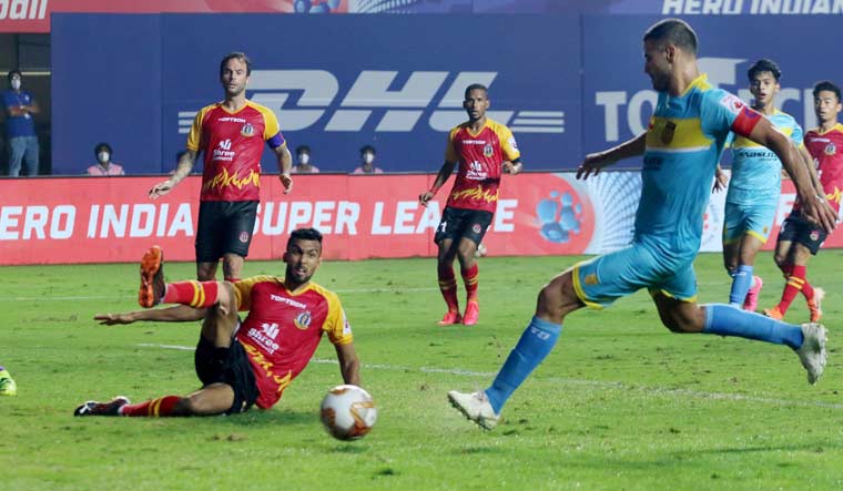 Aridane Santana of Hyderabad FC scores a goal during the 7th season of the Indian Super League against SC East Bengal, at the Tilak Maidan Stadium in Goa | PTI