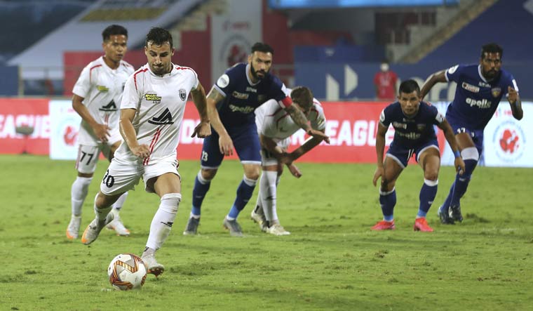 Luis Miguel Machado of NorthEast United FC scores from the penalty spot during Indian Super League 2020-21 match against Chennaiyin FC at GMC Stadium in Goa | PTI