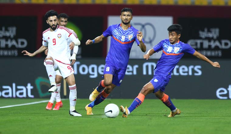 India and UAE players in action during their international friendly in Dubai | via Twitter