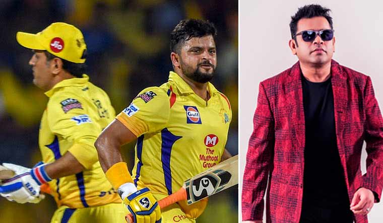 Chennai Super Kings' M.S. Dhoni and Suresh Raina; Composer A.R. Rahman