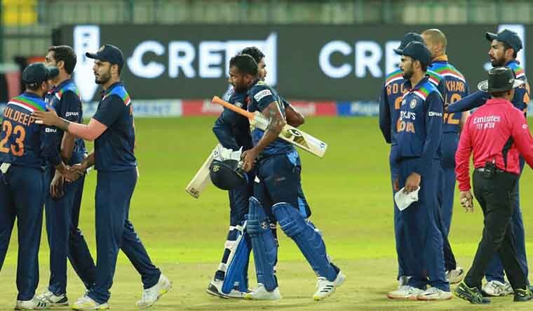 Sri Lankan and Indian players shake hands after the second T20I match at the R. Premadasa Stadium in Colombo | via Twitter