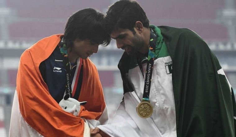 Pakistan's Arshad Nadeem and India's Neeraj Chopra at 2018 Asian Games. Chopra had won gold, while Nadeem finished third | Photo tweeted by Nadeem on Saturday