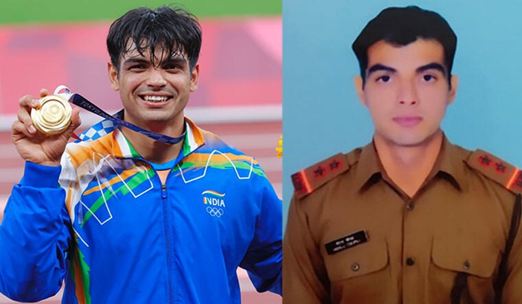 Olympic gold medallist Neeraj Chopra: Left, after winning his gold medal in javelin throw at Tokyo 2020, right as a Subedar | Twitter profiles of Chopra, Indian Army 