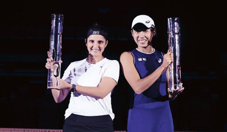Sania Mirza and Shuai Zhang with their doubles trophy | Sania Mirza Twitter