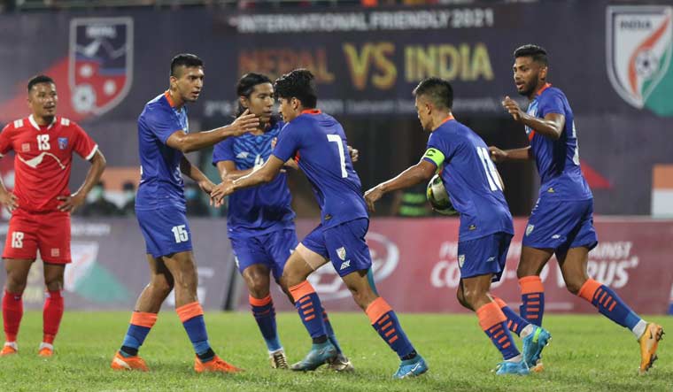 Indian players celebrate after scoring the equaliser against Nepal in the international friendly in Kathmandu | via Twitter