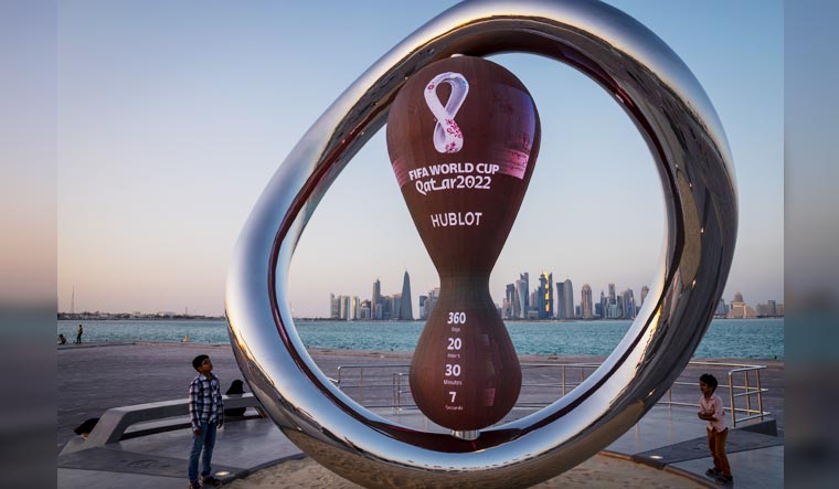 [File] The official countdown clock to kick-off at the 2022 FIFA World Cup in Doha, Qatar | AP