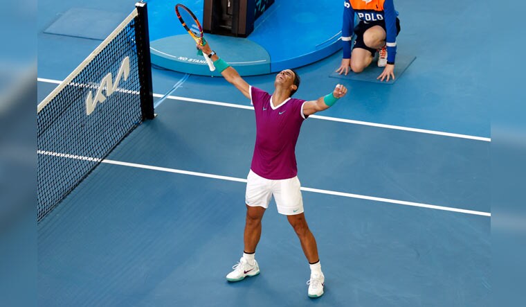 Rafael Nadal celebrates after beating Canada's Denis Shapovalov in the quarterfinals of the Australian Open | AP