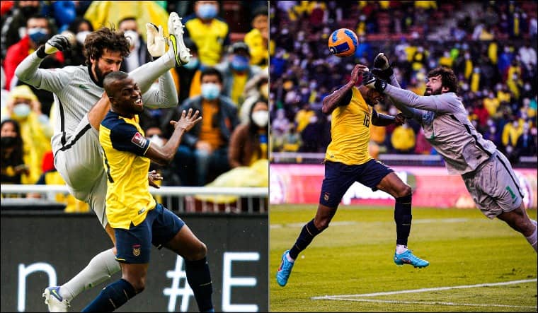 A collage of Alisson's two challenges that led to red cards in the Brazil-Ecuador World Cup qualifier | BR Football