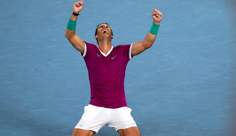 Rafael Nadal of Spain celebrates his win over Daniil Medvedev | AP
