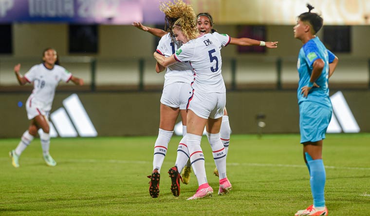 Melina Rebimbas of USA celebrates with teammates after scoring the first goal against India, at FIFA U-17 Women's World Cup 2022 in Bhubaneswar | PTI