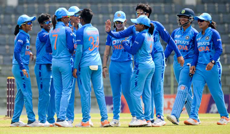 India's players celebrate the dismissal of Thailand's Nathakaan Chantham in the women's Asia Cup semifinal match in Sylhet | AFP