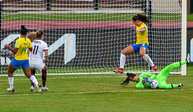 Brazilian goalkeeper Leilane during their FIFA U-17 Women's World Cup 2022 match against USA, at Kalinga Stadium in Bhubaneswar | PTI