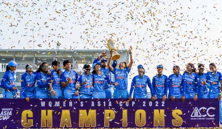 Indian players celebrate their victory against Sri Lanka at the women's Asia Cup final cricket match | AFP