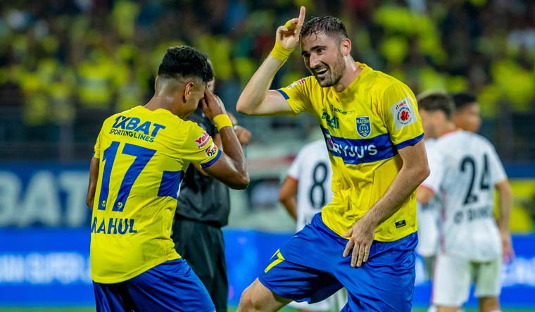 Kerala Blasters' Ivan Kaliuzhnyi celebrates a goal against East Bengal in the ISL opener, in Kochi | via Twitter