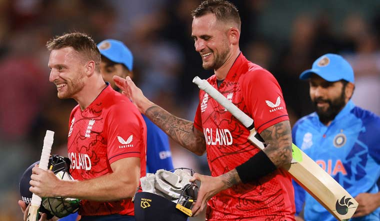 England's Jos Buttler, left, and Alex Hales celebrate after their T20 World Cup semifinal win against India in Adelaide | AP/PTI