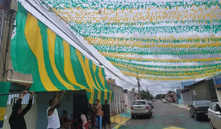 Streets adorned with national flags and its colours in Brazil.
