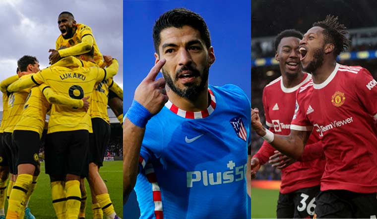 Collage of Chelsea players, Atletico Madrid's Luis Suarez and Manchester United's Fred celebrating goals in recent domestic matches | AP, Reuters