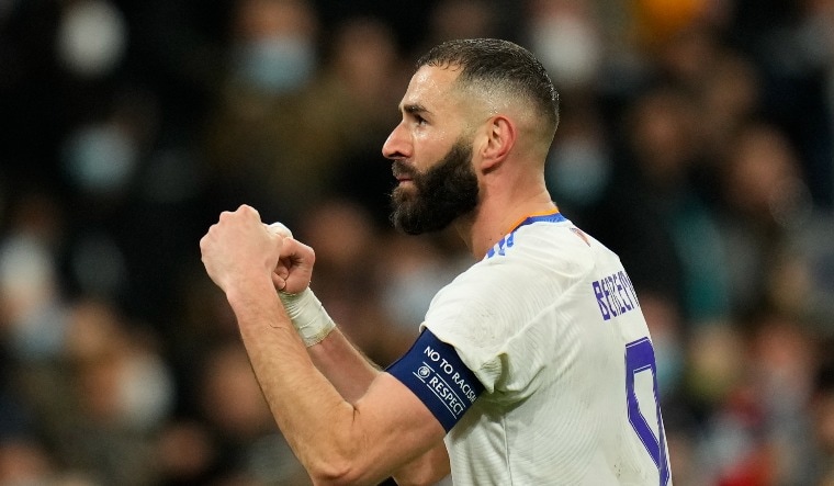 Real Madrid's Karim Benzema celebrates after scoring a hattrick | AP