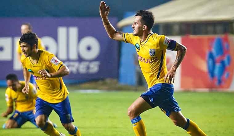 Adrian Luna of Kerala Blasters celebrates after scoring a goal against Jamshedpur FC in the second leg of ISL semifinal, at the Tilak Maidan Stadium in Goa | via Twitter