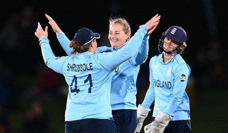 England's Sophie Ecclestone celebrates a wicket with Anya Shrubsole during the Women's World Cup semifinal against South Africa | ICC