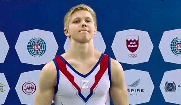 A video grab of Russian gymnast Ivan Kuliak on the podium with the letter 'Z' on his chest