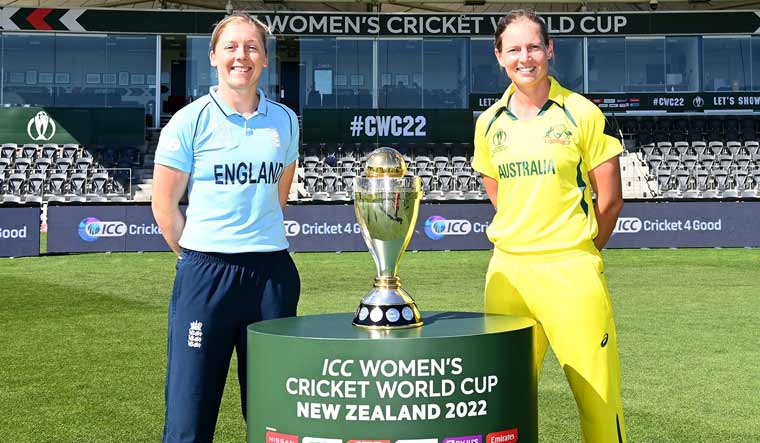 Captains Heather Knight and Meg Lanning pose with the ICC Women's World Cup trophy ahead of the final between England and Australia | ICC