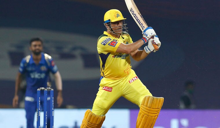 M.S. Dhoni plays a shot during Chennai Super Kings' match against Mumbai Indians in the 2022 Indian Premier League | PTI