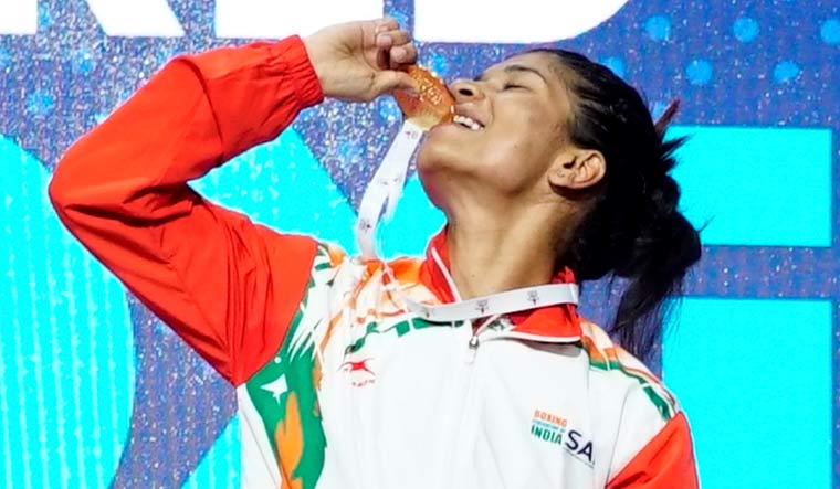 Nikhat Zareen poses with her gold medal after winning the Women's World Championship final against Thailand's Jitpong Jutamas in the flyweight (52kg) final, in Istanbul | PTI