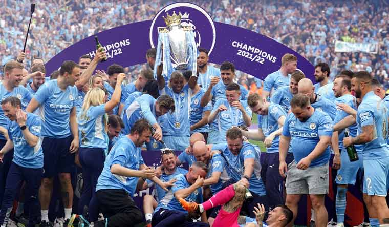 Manchester City players celebrate their title win | AP