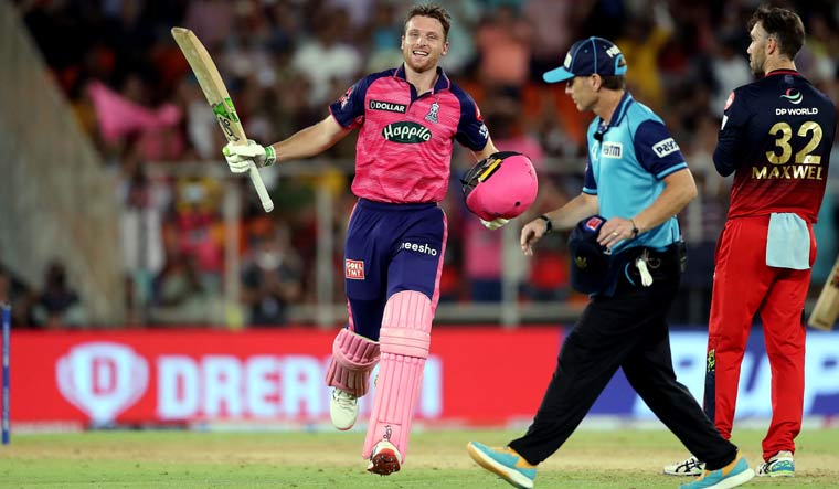 Jos Buttler of Rajasthan Royals celebrates his century in the IPL 2022 Qualifier 2 match against Royal Challengers Bangalore, in Ahmedabad | PTI