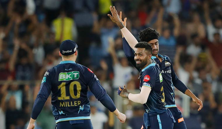 Gujarat Titans skipper Hardik Pandya celebrates the wicket of Shimron Hetmyer of Rajasthan Royals in the IPL 2022 final, in Ahmedabad | PTI