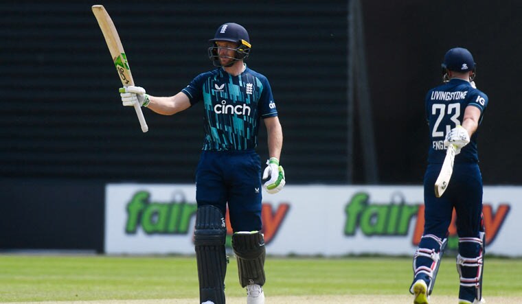 England's Jos Buttler celebrates his century against The Netherlands in their ODI match in Amstelveen | Reuters