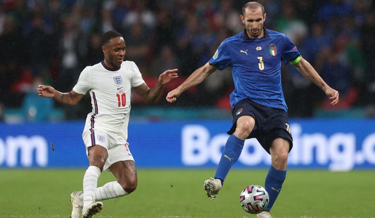 (File) Italy's Giorgio Chiellini (R) in action in the Euro 2020 final against England at the Wembley Stadium in London | AFP