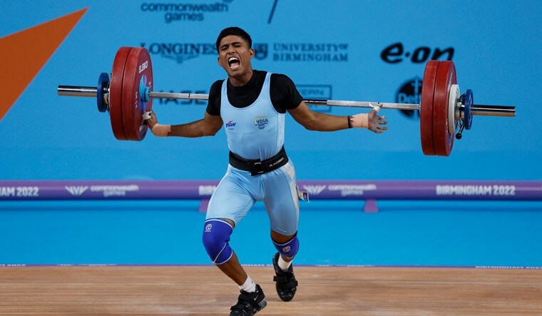 Sanket Sargar in action in the weightlifting men's 55kg category at the Commonwealth Games in Birmingham | Reuters