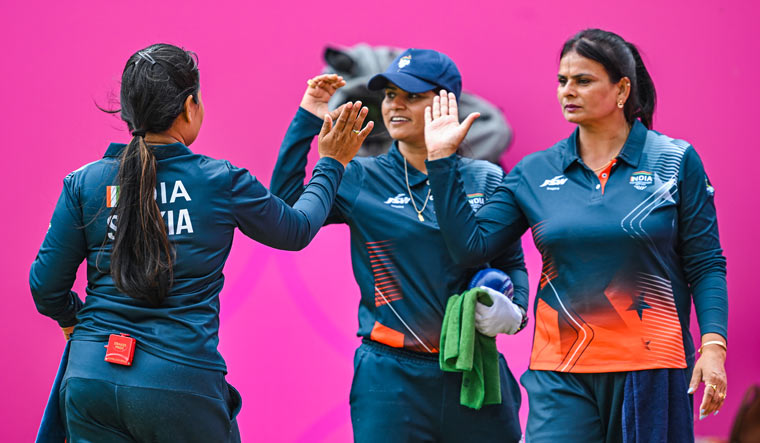 Lovely Choubey, Nayanmoni Saikia and Pinki during the Lawn Bowls Women's Fours final match against South Africa, at the Commonwealth Games, in Birmingham, UK | PTI 