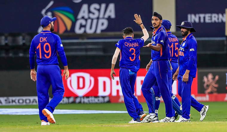 Arshdeep Singh celebrates a wicket during the T20 cricket match of Asia Cup between India and Hong Kong | PTI