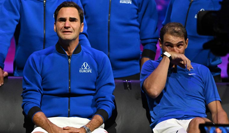 Roger Federer (L) and Rafael Nadal (R) at the 2022 Laver Cup at the O2 Arena in London | AFP