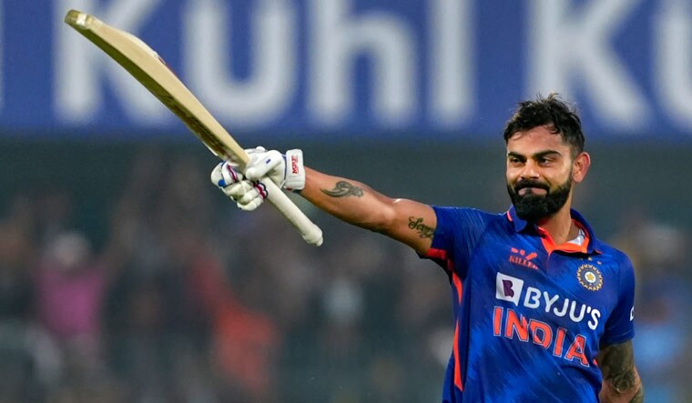 Virat Kohli celebrates his century in the first ODI match between India and Sri Lanka, at Barsapara stadium in Guwahati | PTI