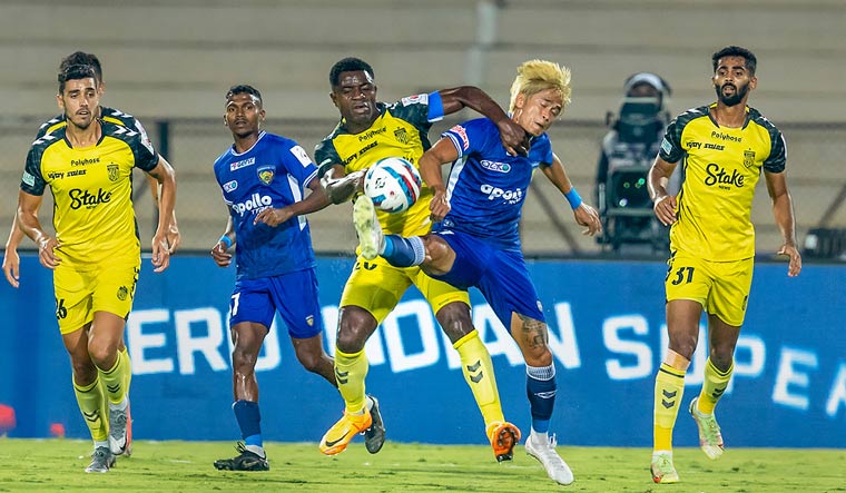 Bartholomew Owogbalor Ogbeche of Hyderabad FC and Y. Jiteshwor Singh of Chennaiyin FC in action | PTI
