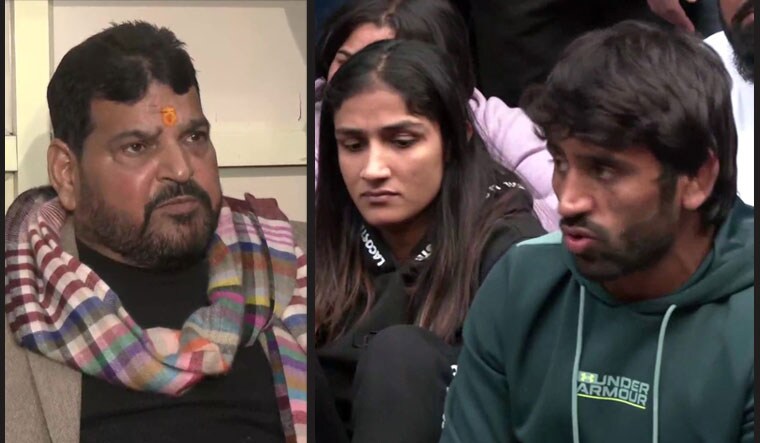 (Left) Wrestling Federation of India President Brijbhushan Sharan Singh; (Right) wrestlers stage protest at Jantar Mantar