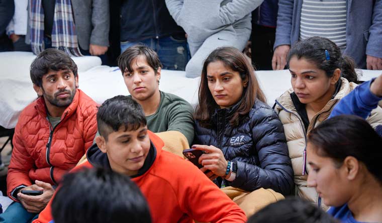 Wrestlers Vinesh Phogat, Sakshi Malik, Anshu Malik and Bajrang Punia sit on 'dharna' to protest against the Wrestling Federation of India, at Jantar Mantar in New Delhi | PTI