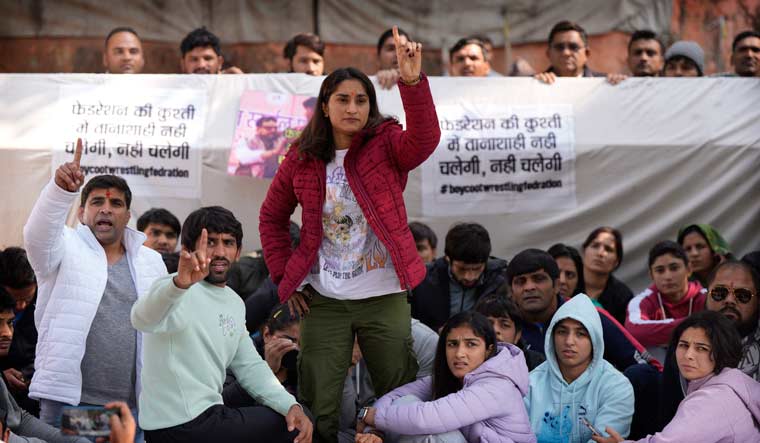 Indian wrestlers participate in a protest against Wrestling Federation of India President Brijbhushan Sharan Singh | AP