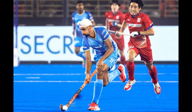 Mandeep Singh in action during a classification match between India and Japan | PTI