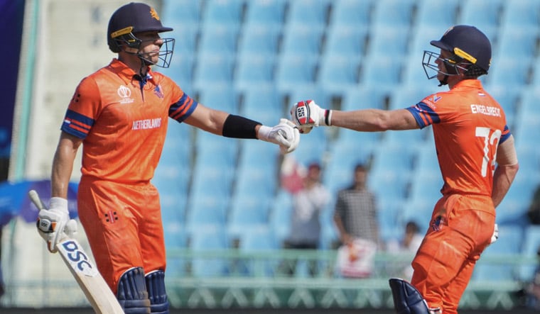 Lucknow: Netherlands' Sybrand Engelbrecht and Logan van Beek during the ICC Men’s Cricket World Cup 2023 match between Sri Lanka and Netherlands, at Bharat Ratna Shri Atal Bihari Vajpayee Ekana Cricket Stadium in Lucknow, Saturday, Oct. 21, 2023. (PTI Photo/Kamal Kishore)(PTI10_21_2023_000100B)