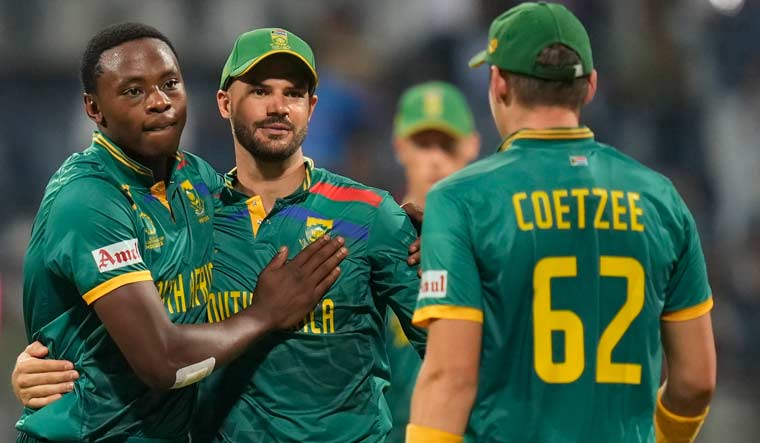 South Africa's Kagiso Rabada, first left, celebrates the wicket of Bangladesh's Hasan Mahmud | AP