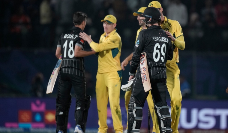 New Zealand's Lockie Ferguson batters shake hands with Australian players after the match | AP