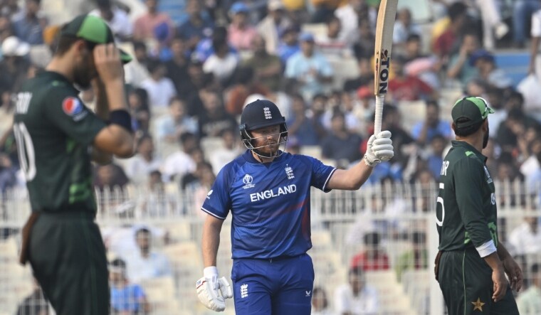 England's Jonny Bairstow celebrates his fifty against Pakistan | Salil Bera